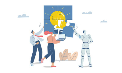 Business Team and Robot Solving Light Bulb Puzzle, Human and AI Collaboration Vector.