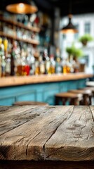 Wooden bar counter, blurred neon cocktail bar in the background mockup for product design and demonstration