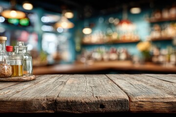 Wooden bar counter, blurred neon cocktail bar in the background mockup for product design and demonstration