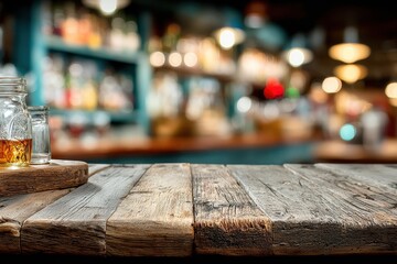 Wooden bar counter, blurred neon cocktail bar in the background mockup for product design and demonstration