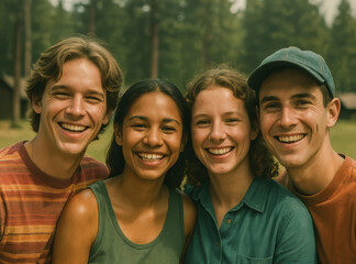 Group of Gen Z friends smiling during summer camp in a vintage 90s setting. A nostalgic portrait capturing youth, diversity and happiness in nature. Vintage analog aesthetic with warm tones.