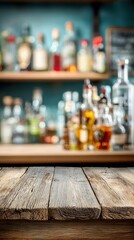 Wooden bar counter, blurred neon cocktail bar in the background mockup for product design and demonstration