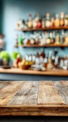 Wooden bar counter, blurred neon cocktail bar in the background mockup for product design and demonstration
