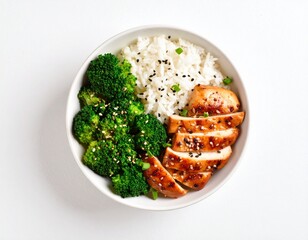 Sliced teriyaki chicken breast with steamed broccoli and rice in a white bowl, top view.