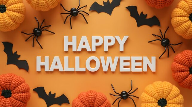 Happy halloween text with pumpkins bats and spiders on an orange background for halloween celebration