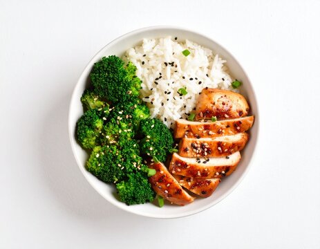 Sliced teriyaki chicken breast with steamed broccoli and rice in a white bowl, top view.