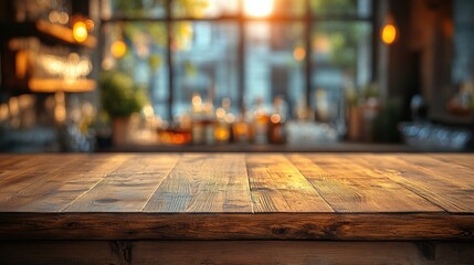 Wooden bar counter, blurred neon cocktail bar in the background mockup for product design and demonstration