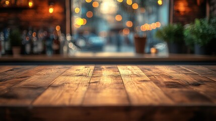 Wooden bar counter, blurred neon cocktail bar in the background mockup for product design and demonstration