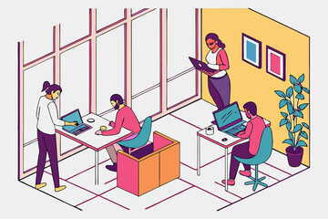 Fototapeta premium People working in a modern office with large windows