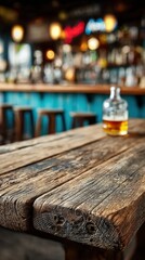 Wooden bar counter, blurred neon cocktail bar in the background mockup for product design and demonstration
