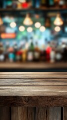 Wooden bar counter, blurred neon cocktail bar in the background mockup for product design and demonstration
