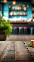 Wooden bar counter, blurred neon cocktail bar in the background mockup for product design and demonstration
