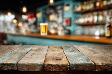 Wooden bar counter, blurred neon cocktail bar in the background mockup for product design and demonstration