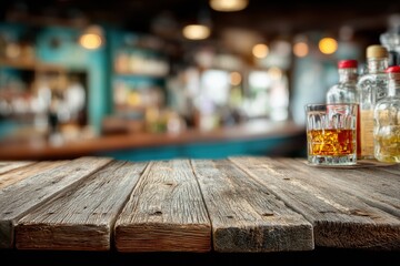 Wooden bar counter, blurred neon cocktail bar in the background mockup for product design and demonstration