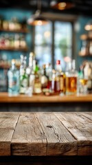 Wooden bar counter, blurred neon cocktail bar in the background mockup for product design and demonstration