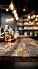 Wooden bar counter, blurred neon cocktail bar in the background mockup for product design and demonstration