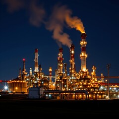 Fototapeta premium Industrial oil refinery at night urban landscape photograph dark environment aerial view energy production
