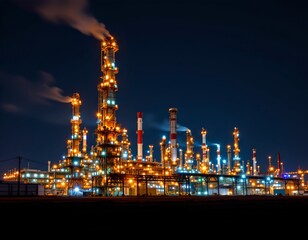 Fototapeta premium Majestic oil refinery at night industrial zone photography urban environment aerial view energy production