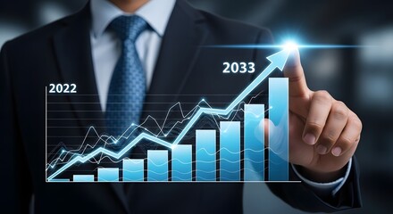Business growth chart from year twenty twenty two to twenty thirty three with upward trend line