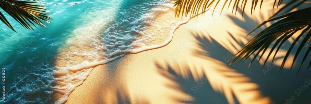 Poster a serene beach scene featuring gentle waves lapping against soft sand, with palm shadows creating a 