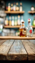 Wooden bar counter, blurred neon cocktail bar in the background mockup for product design and demonstration