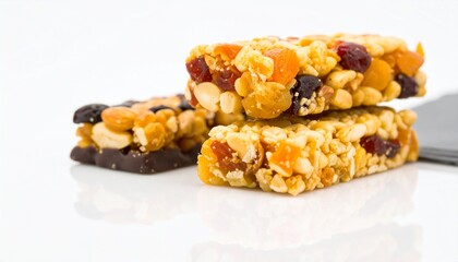 Stacked fruit and nut granola bars with a chocolate base on a white reflective surface.