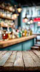 Wooden bar counter, blurred neon cocktail bar in the background mockup for product design and demonstration