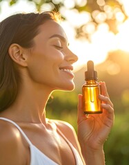 Fototapeta premium Woman smelling serum outdoors