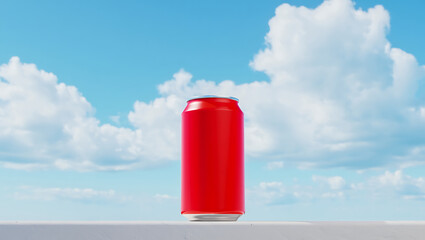 A red aluminum can of soda on a white surface with a bright blue sky background