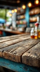 Wooden bar counter, blurred neon cocktail bar in the background mockup for product design and demonstration