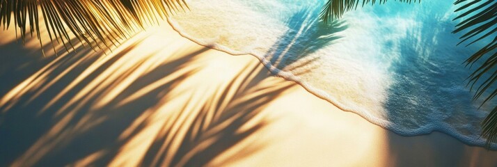 Obraz premium A serene beach scene with gentle waves, soft sand, and palm tree shadows creating a tranquil atmosphere.