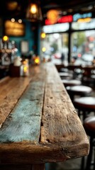 Wooden bar counter, blurred neon cocktail bar in the background mockup for product design and demonstration