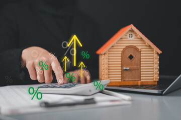 Real estate investor analyzing property value growth with calculate, houses, and upward arrows,...