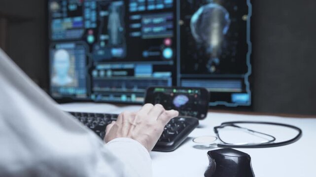 Doctor Using Mobile Device and Computer with Medical Interface &ndash; Brain Scan, Digital Healthcare, Telemedicine, AI Diagnosis, Smart Hospital, Modern Health Technology, Futuristic Medicine, Data Analysi