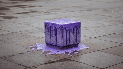Purple cube melting onto wet concrete surface in surreal urban environment perfect for abstract art visuals, creative design backgrounds and unconventional advertising concepts