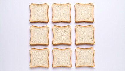 Symmetrical grid of nine white bread slices on a minimalist white background