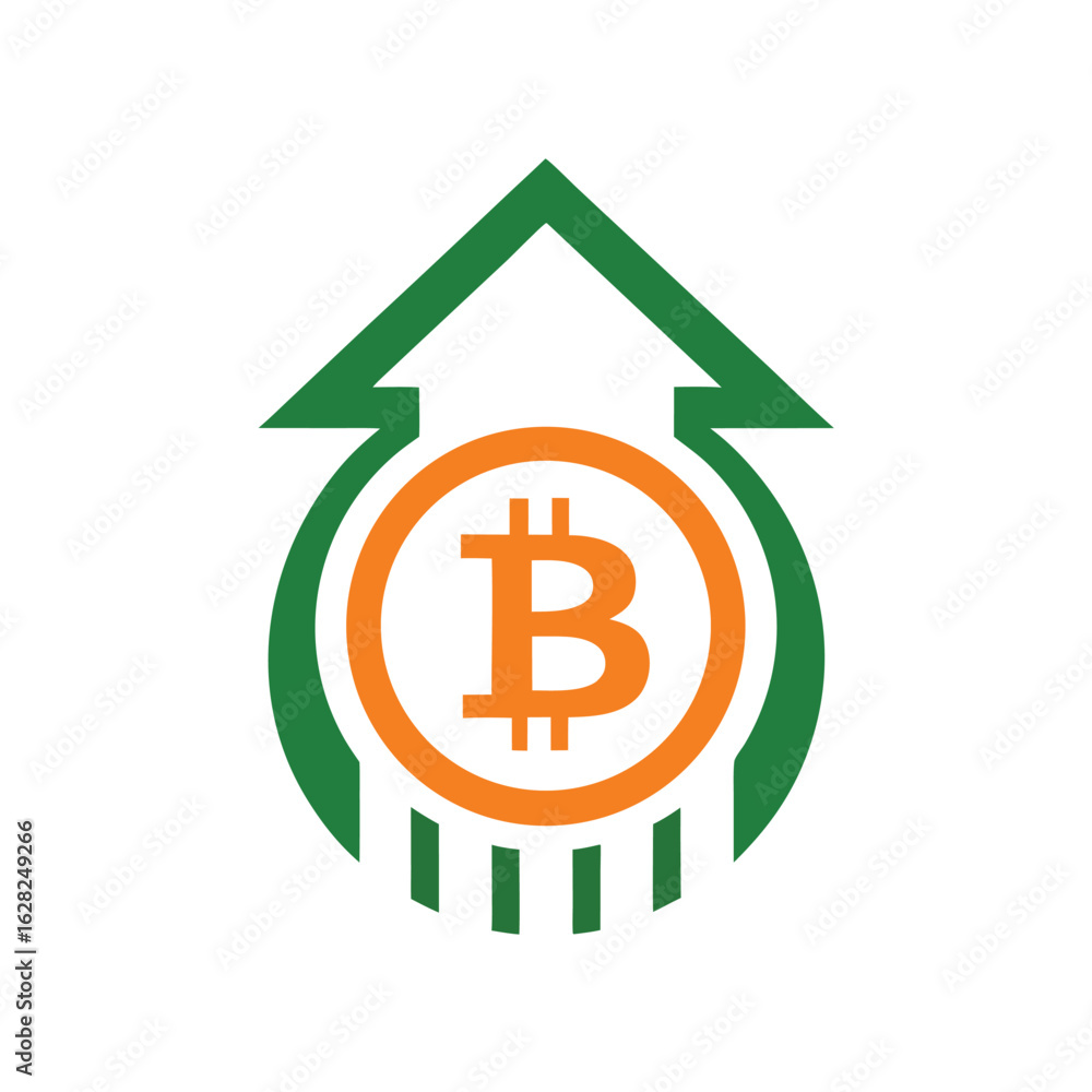 Poster bitcoin cryptocurrency growth symbol with upward arrow and circular design on white background