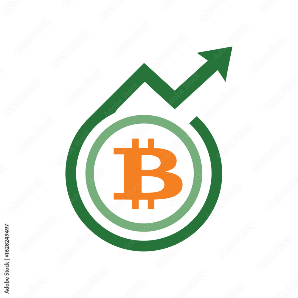 Poster bitcoin cryptocurrency rising graph with upward arrow and concentric circles on white background