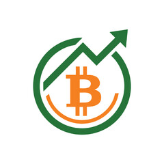 Bitcoin cryptocurrency growth icon with rising arrow and bar chart inside a green circle finance