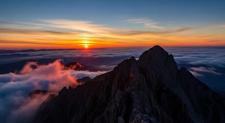 Fototapeta premium Majestic Mountain Peak at Sunset Above Cloud Inversion