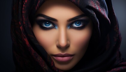 Mesmerizing portrait of a woman with striking blue eyes and elegant scarf, showcasing beauty and cultural expression