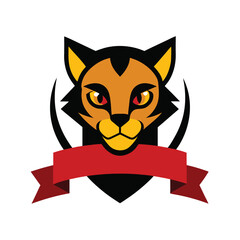 Fierce cat head with yellow eyes and red ribbon on white background feline animal