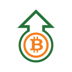 Obraz premium Bitcoin cryptocurrency symbol with upward green arrow and circular green border on white background
