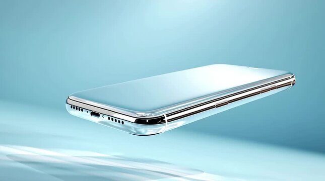 Sleek smartphone mock up with reflective surface, suspended in mid-air against a soft blue gradient background, showcasing modern design and innovative technology for creative projects
