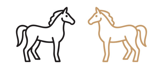 Horse Icon Set. Black and Light Brown Line Drawings in Mirrored Pose.