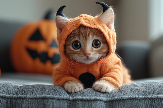 A cat in devil costume lounging on a couch.