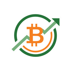 Bitcoin logo with upward trending arrow and circular graph on white background cryptocurrency finance