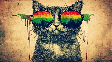 Dynamic cartoon-style cat wearing large sunglasses with dripping paint effects, taken with DSLR 50mm lens, retro colors and angled framing emphasizing motion