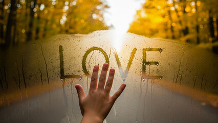 A hand touching a foggy window pane with the word "LOVE" written on it, set against a blurred, golden-toned autumn forest background with a bright, sunlit patch