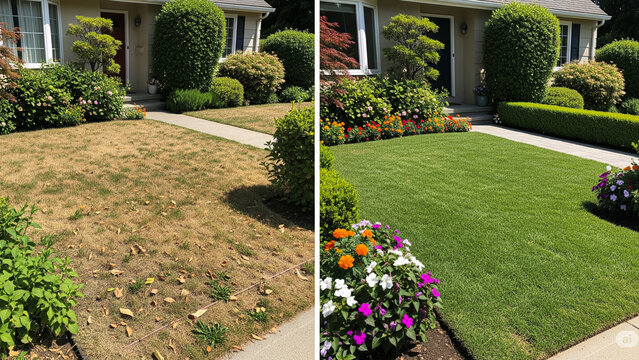 A side-by-side comparison of a home's lawn before and after landscaping, showing a transition from a dry, yellow lawn to a lush, green one
